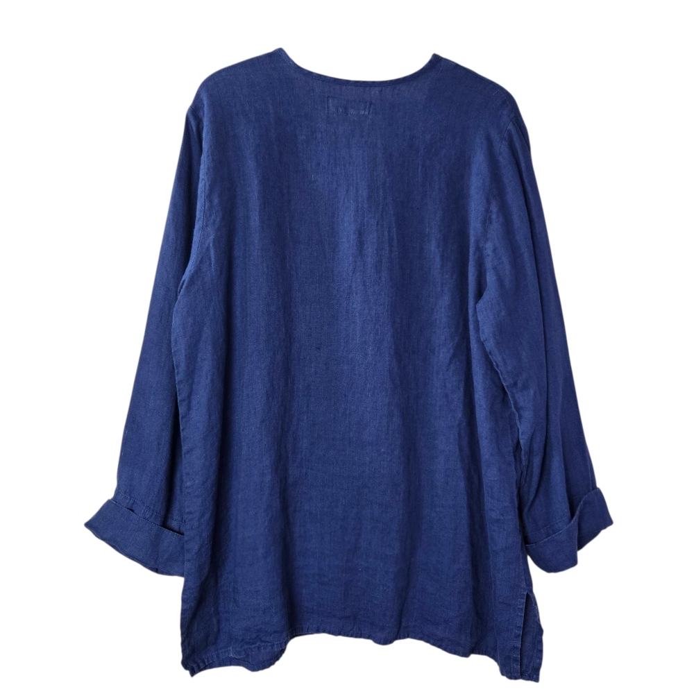 FLAX Medium Blue 100% Linen‎ V-Neck Button-Front Long Oversized Tunic Top - Picture 2 of 16